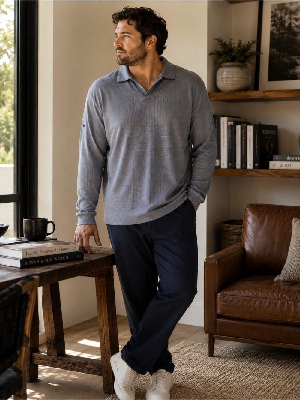The Commons Men’s XXL Long Sleeve Knit Polo Shirt Blue Gray Micro Check Casual - Picture 2 of 13